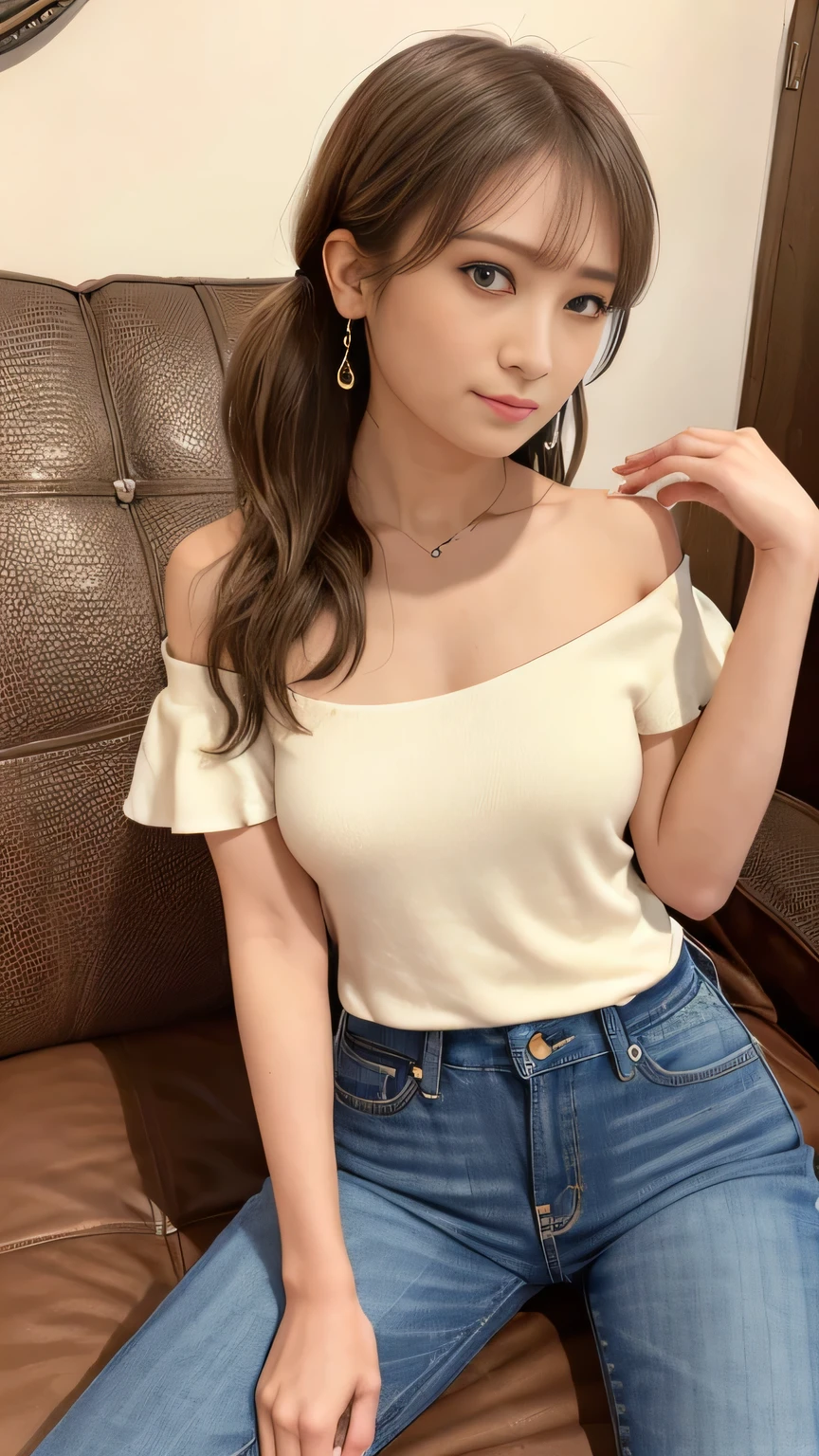 One girl,Highest quality,masterpiece,figure,Very delicate and beautiful,CG,Unity,8k wallpaper,wonderful,In detail,masterpiece,Official Art,Highly detailed off-the-shoulder T-shirt:1.4),(Skinny jeans:1.3),(Woven_Handbags:1.2), background:Love Hotel