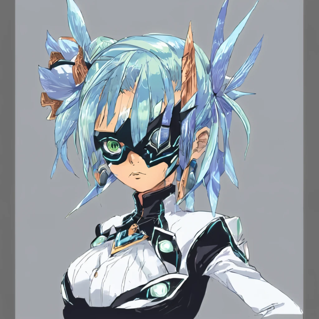 Mikumari \(Xenoblade\)masterpiece, Highest quality, ((1 person)),Blue Hair,Green Eyes,Serious expression, smile,Upper Body,Line art,Medium Hair,White blazer,Black T-shirt,Big Breasts,Bunhead,Black Mask, Expressionless eyes,((Kubo Obito Style)) Detailed face, Face Focus, Are standing, Black Hair,(hair ornaments:1.35),office lady, Sleeves edged with ribbon, Removable sleeves, Ribbon trim, Wide sleeves, (View your audience:1.5) Long Hair, iris, bangs, lips