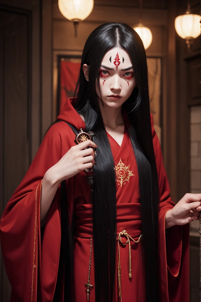 Character with long black hair with multiple eye tattoos, big red eyes, red robes