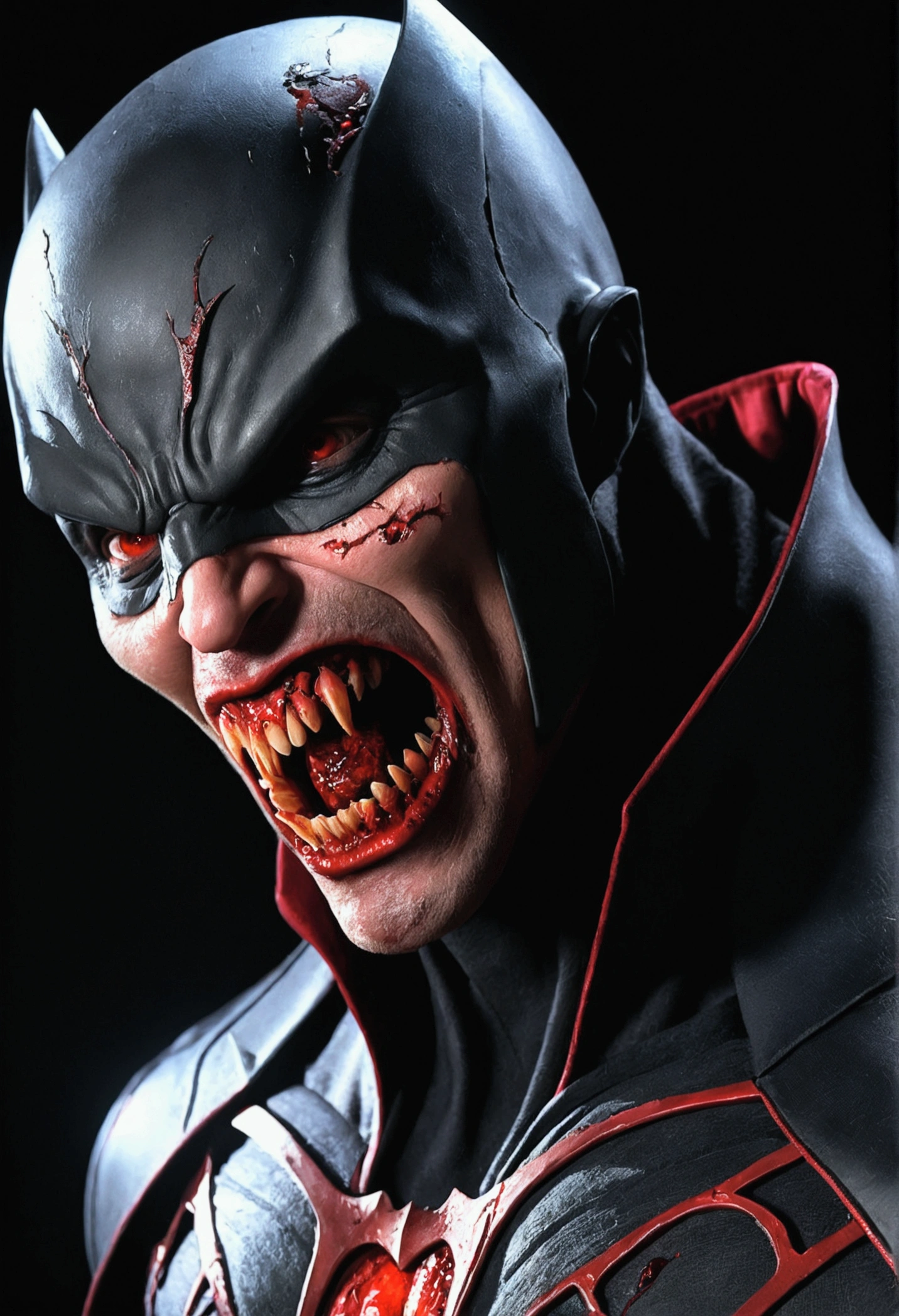 vampire super hero, marvel comics, dc, movie quality, anti hero, antagonist, red helmet open at the mouth with fangs, no horns, damaged, ripped suit, blood, gashes, showing face, intricate detail, highly detailed, volumetric lighting, 4k rendering, stock photo, ultra-realistic, realistic textures, dramatic lighting, depth of field, film, (very wide angle: 1.3), dark light, wide angle INFO