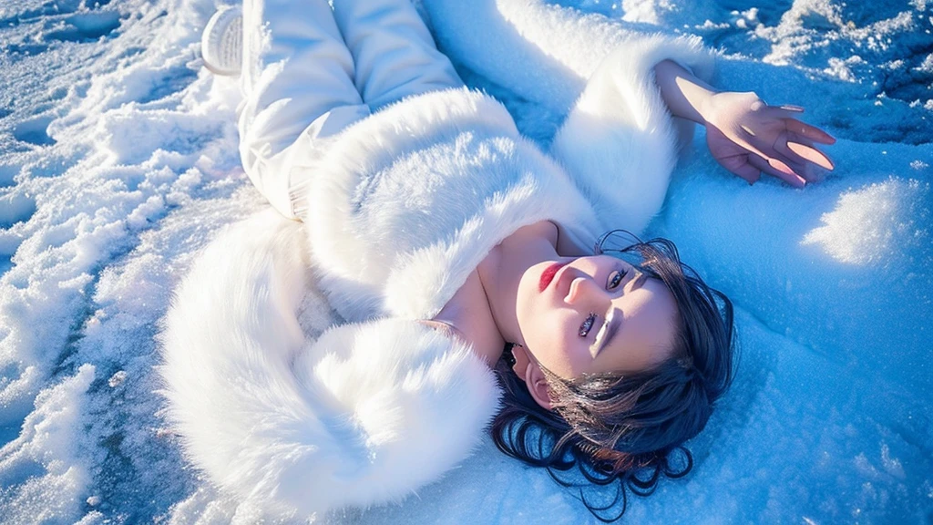 ultra-realistic digital artwork: adorable cute white fox laying upside down over the snowy ground, fox is looking directly at a big falling snowflake with big blue, expressive eyes. fur of the fox is dense & textured, with each hair finely detailed & shimmering with tiny fireflies under a beautiful aurora borealis night sky. winter flower petals fall around it, adding to the magical, serene atmosphere. scene set in a snowscape mountain full of colorful winter flowers