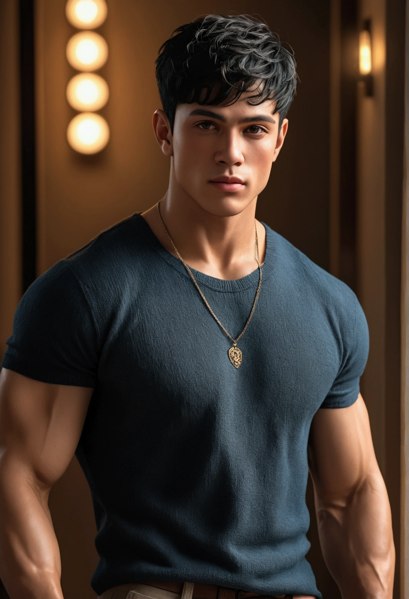 a young man, stylish clothes, short black hair, muscular, detailed facial features, realistic, photorealistic, detailed skin texture, dynamic pose, dramatic lighting, cinematic composition, warm color tones, chiaroscuro, (best quality,4k,8k,highres,masterpiece:1.2),ultra-detailed,(realistic,photorealistic,photo-realistic:1.37)