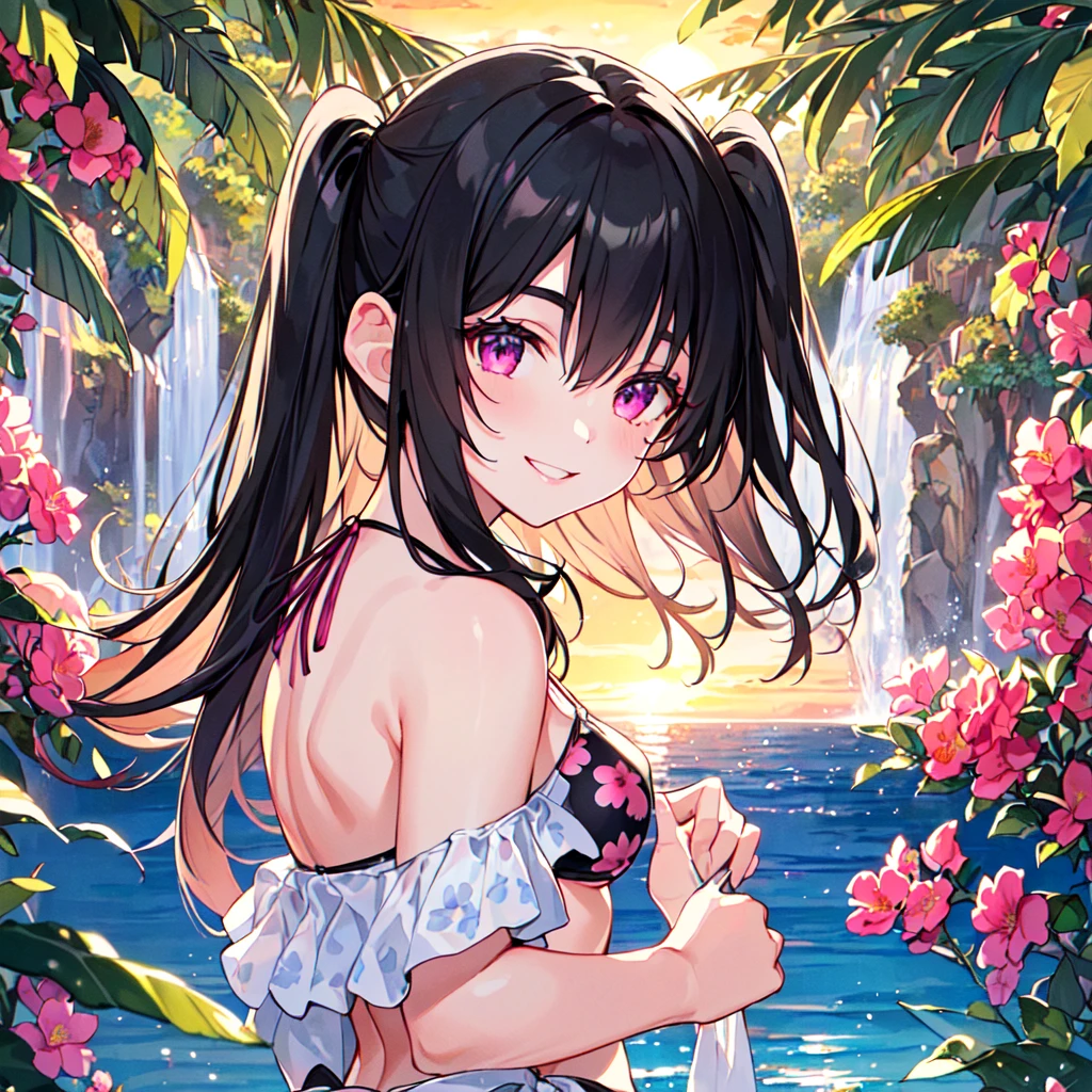 masterpiece, best quality, high quality, extremely detailed, very delicate and beautiful, (1 female 18 years old solo:1.5), (long black hair up to waist with two side up:1.5), bangs to eyebrows, eyes (eyes sharp, strong, glossy, glossy eyebrows), (eye color magenta:1.3), 6.5 head height, (bikini swimsuit summer flower print:1.3), ruffled, (smiling), (standing:1.3), (dynamic pose), (background waterfall forest:1.3) ,(sunset:1.3), (upper body:1.3)