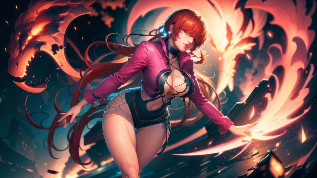 (at night), in a video game scene a background a beautiful city at night raining, alone, alone, standing at attention, pink suit, pink jacket, choker, neckline, cut of clothes, earrings, has long bangs on the hair covering the eyes ((hair over the eyes)), 1 girl, 20 years old, young woman, perfect hands, beautiful fingers, beautiful long legs, beautiful body, beautiful nose, beautiful character design, perfect face, looking at the spectator with serious gesture, is on a phone call with his cell phone in hand (focusing on his face), closed mouth, Light_Smile, official art, extremely detailed CG unity 8k wallpaper, perfect lighting, bright and colorful front lighting, skin glossy (masterpiece: 1.0), (best_quality: 1.0), ultra high resolution, 4K, ultra detailed photography, 8K, HDR, high resolution, nonsense:1.2, Kodak portra 400, film grain, blurred background, bokeh:1.2, lens flare, (vibrant_color:1.2), professional photography, (Beautiful, breasts: 1.4), (beautiful_face: 1.5), (narrow waist),