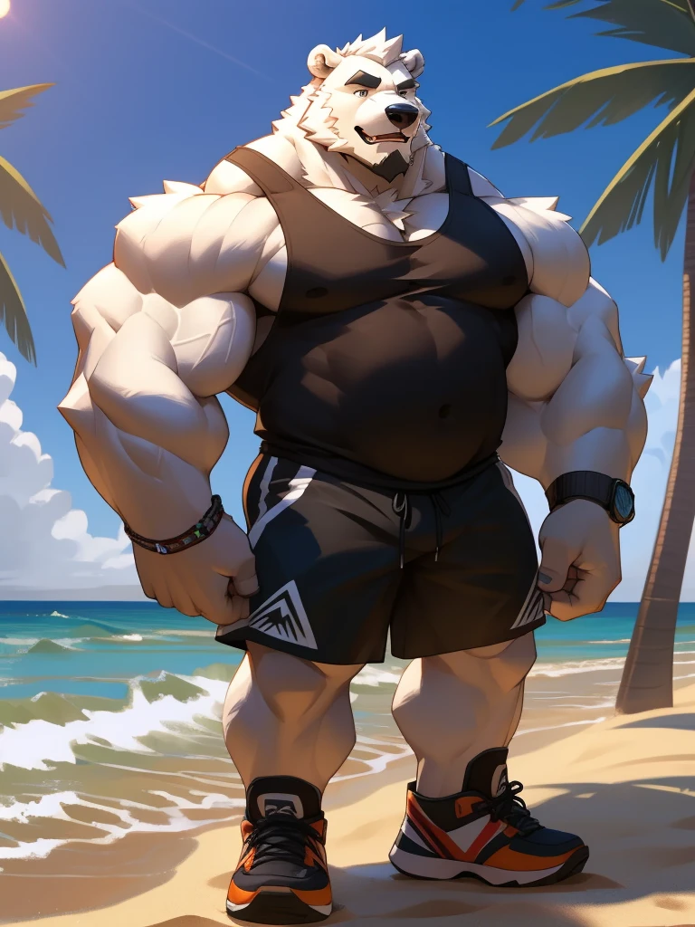 huge muscular polar bear in L.A. beach, big smile, polar bear, huge white fur, thick arm, huge arm, bearded. white hair and beard, bearded, (muscular, pectoral, wide pectoral, thick arms), beach, palm, realistic, 8k, masterpiece, (wearing black shorts, wristband, watch and white tank top, shoes) shows his dad bod