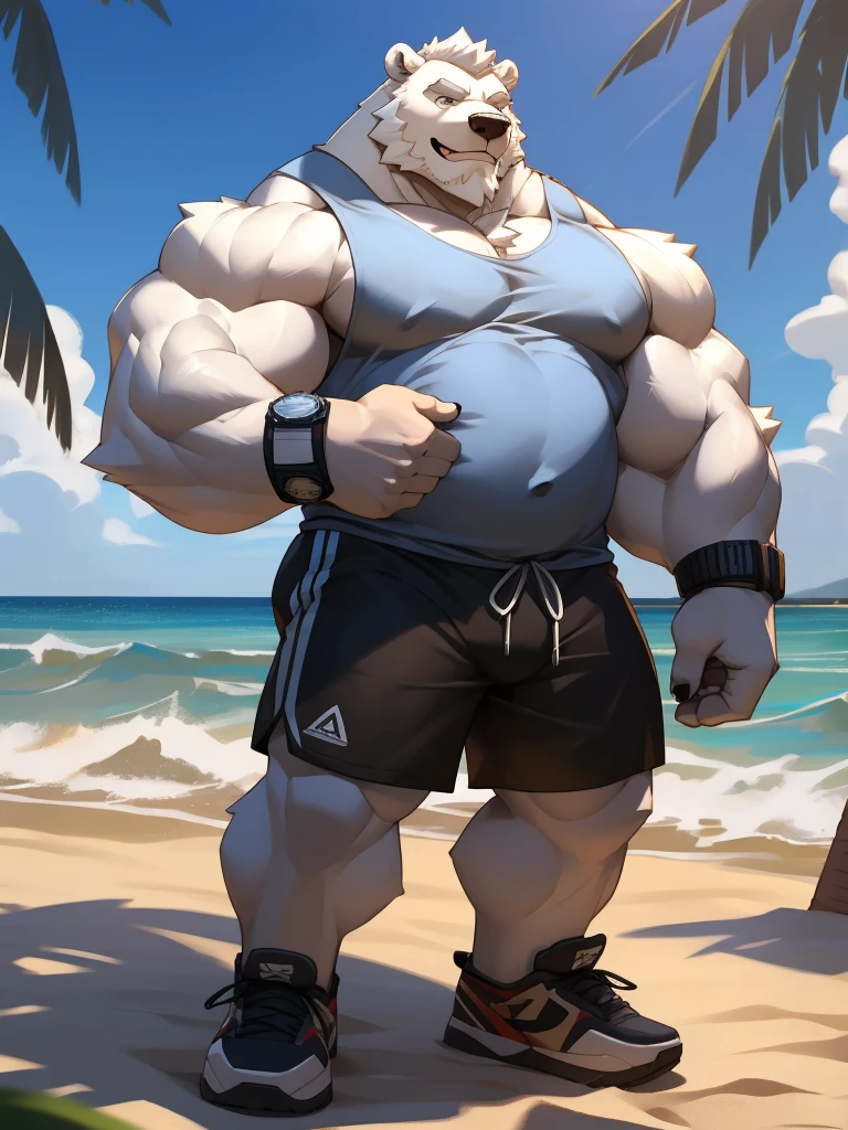 huge muscular polar bear in L.A. beach, big smile, polar bear, huge white fur, thick arm, huge arm, bearded. white hair and beard, bearded, (muscular, pectoral, wide pectoral, thick arms), beach, palm, realistic, 8k, masterpiece, (wearing black shorts, wristband, watch and white tank top, shoes) shows his dad bod