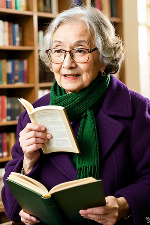 anime,masterpiece, best quality, an old woman with glasses and a scarf on, wearing a purple coat and green scarf, reading stories for kids