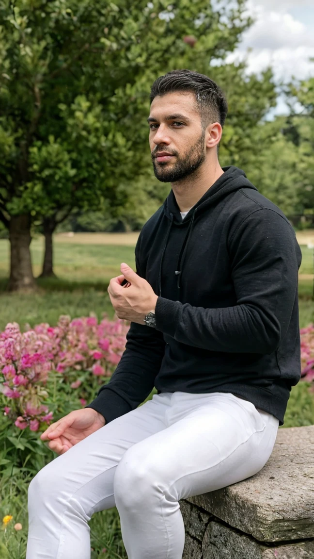 Real image of an athletic 30 year old Turkish model man with short beard and short black hair wearing a black sweatshirt and white pants, sitting on a stone in a field of few trees surrounded by flowers, 4k HD real image, High Definition, remove cgi, eliminar 3d. natural and realistic skin. Photorealistic style. full body angle. ultra real image. sharp and true focus.