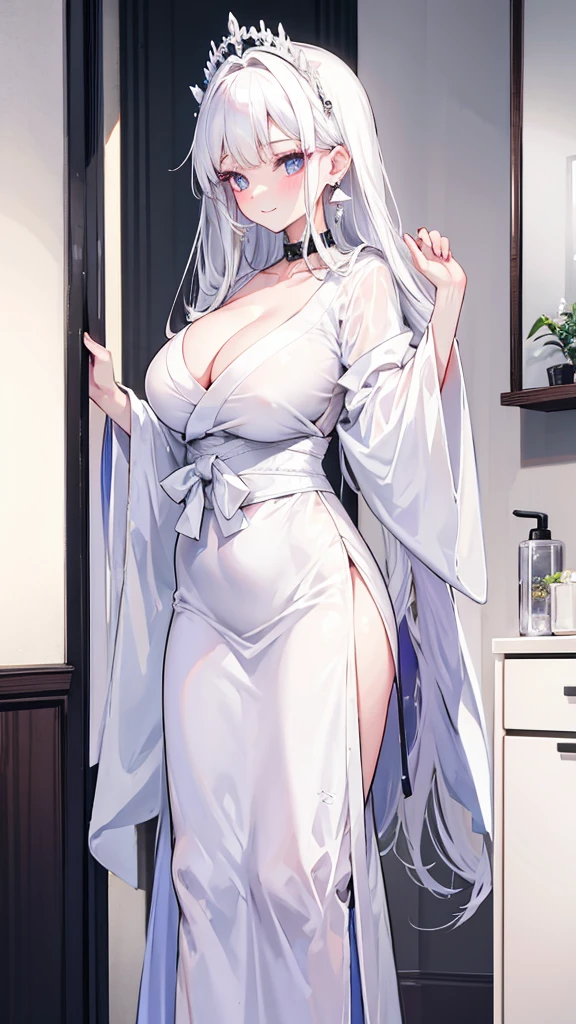 standing inside the bathroom, woken up, collar, earrings, Whole body, long white hair, white kimono, Magnificent, ultra high definition, raw photo, Realism: 1.25), (shiny lip gloss, long eyelashes, soft face , shiny skin, natural shadows, wide light, wide light, depth of field, strong colors, subtle caustics: 0.8), smile, (big tits), v6
