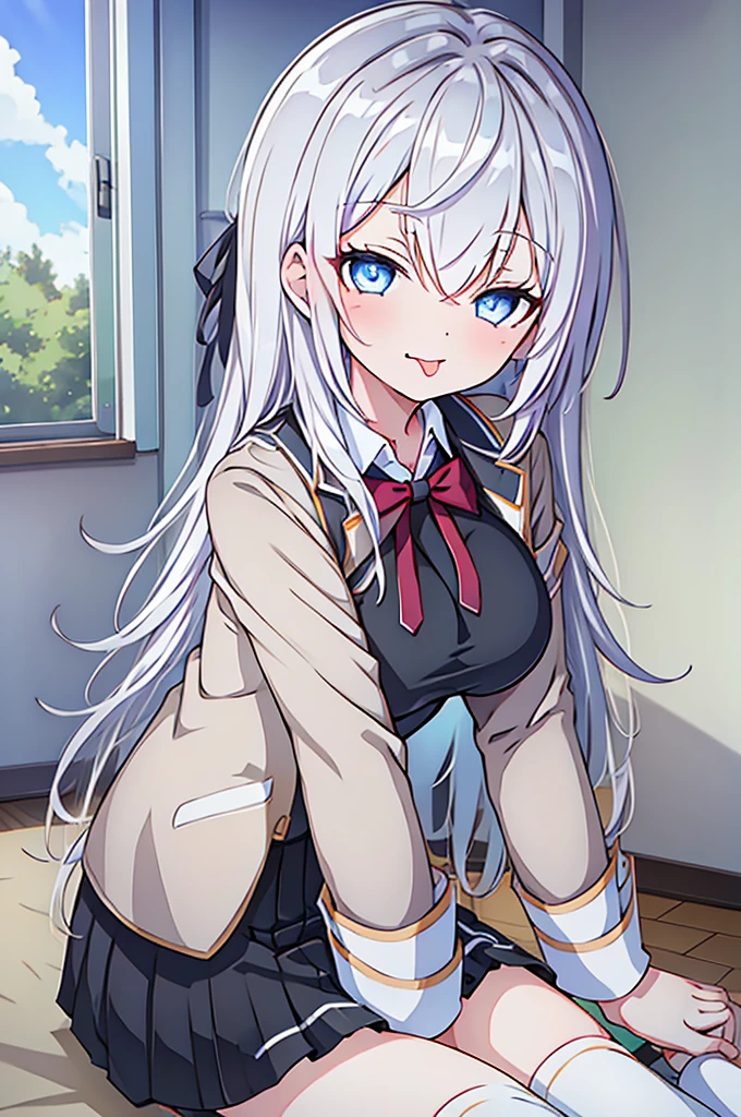 masterpiece, One girl,  JK uniform white hair girl,  Long Hair, The body is slim, Baby Face,  Beautiful breasts, Round Breasts, Long sleeve, Beautiful Eyes, White knee-high socks skirt, Bedroom M-legged pussy legs spread horny tongue licking slanted eyes topless big tits love juice