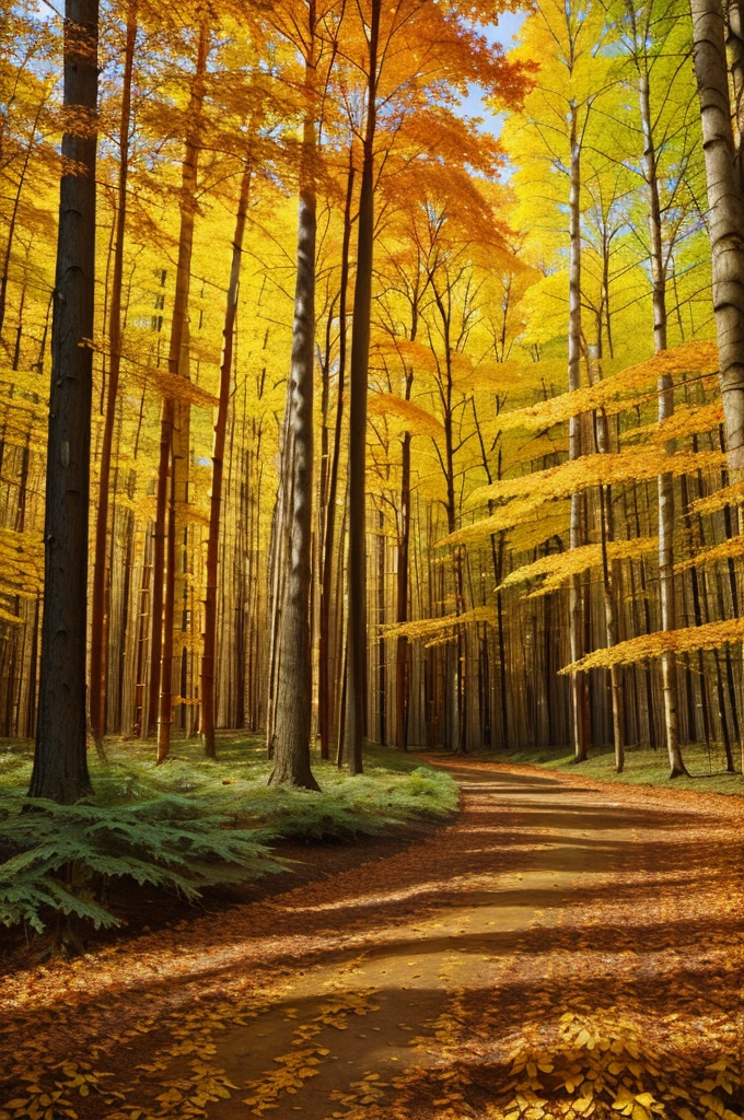 Create an abstract oil painting of a forest in autumn. Use a rich palette of warm autumn colors such as deep reds, vibrant oranges, golden yellows, and hints of earthy browns and greens. Incorporate bold, sweeping brushstrokes and layered textures to evoke the feeling of leaves falling and the crispness of the autumn air. The composition should suggest the forms of trees and foliage without being too literal, allowing the viewer to feel the essence of the forest through color and movement. Aim for a harmonious blend of colors and shapes that captures the beauty and serenity of an autumn forest