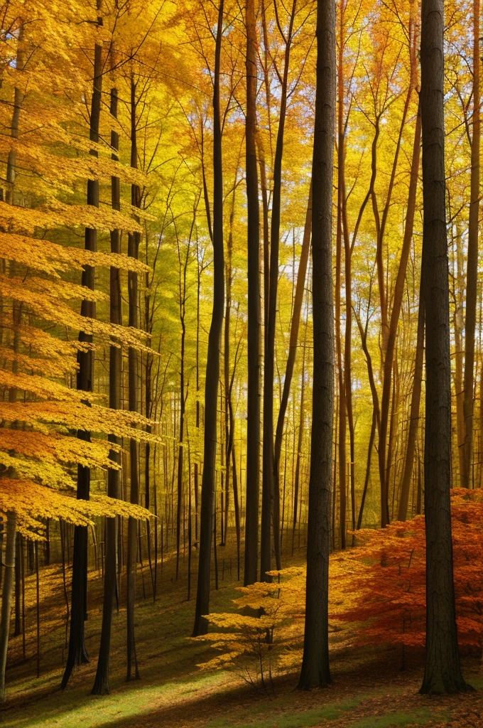 Create an abstract oil painting of a forest in autumn. Use a rich palette of warm autumn colors such as deep reds, vibrant oranges, golden yellows, and hints of earthy browns and greens. Incorporate bold, sweeping brushstrokes and layered textures to evoke the feeling of leaves falling and the crispness of the autumn air. The composition should suggest the forms of trees and foliage without being too literal, allowing the viewer to feel the essence of the forest through color and movement. Aim for a harmonious blend of colors and shapes that captures the beauty and serenity of an autumn forest
