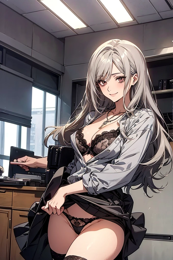 (Highest quality, High resolution, Very detailed), Silver Hair, Long Hair, Reddish brown eyes, office staff suit skirt, lace thong bra, thighhighs, Large Breasts, Perfect Makeup, necklace, secretary, 24th generation, Beautiful woman, mature, quiet, Calm, A small smile, office,