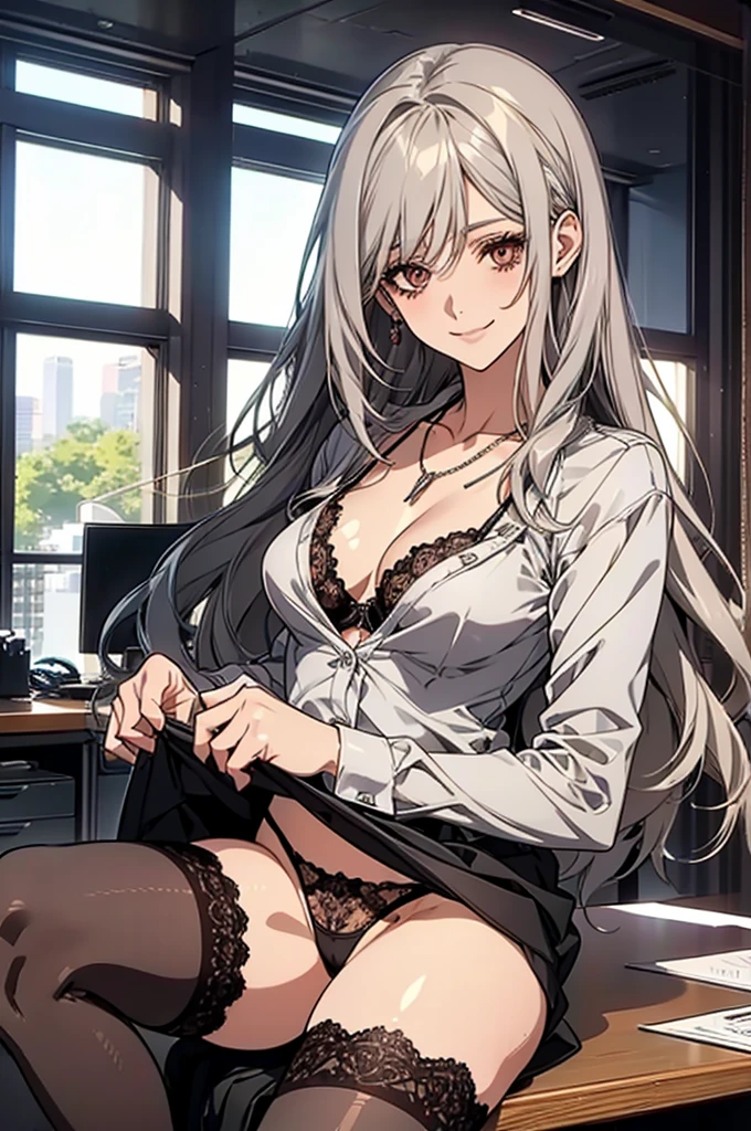 (Highest quality, High resolution, Very detailed), Silver Hair, Long Hair, Reddish brown eyes, office staff suit skirt, lace thong bra, thighhighs, Large Breasts, Perfect Makeup, necklace, secretary, 24th generation, Beautiful woman, mature, quiet, Calm, A small smile, office,