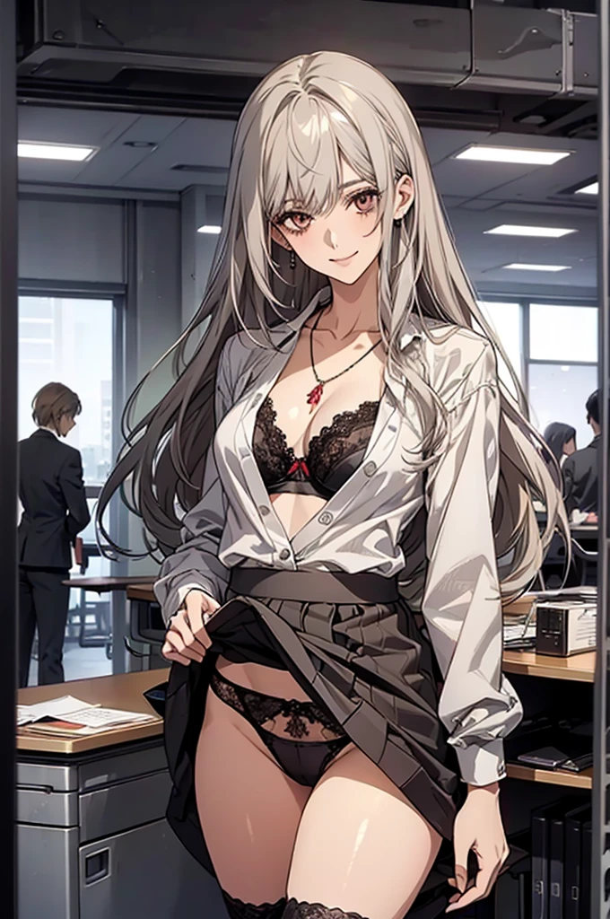 (Highest quality, High resolution, Very detailed), Silver Hair, Long Hair, Reddish brown eyes, office staff suit skirt, lace thong bra, thighhighs, Large Breasts, Perfect Makeup, necklace, secretary, 24th generation, Beautiful woman, mature, quiet, Calm, A small smile, office,