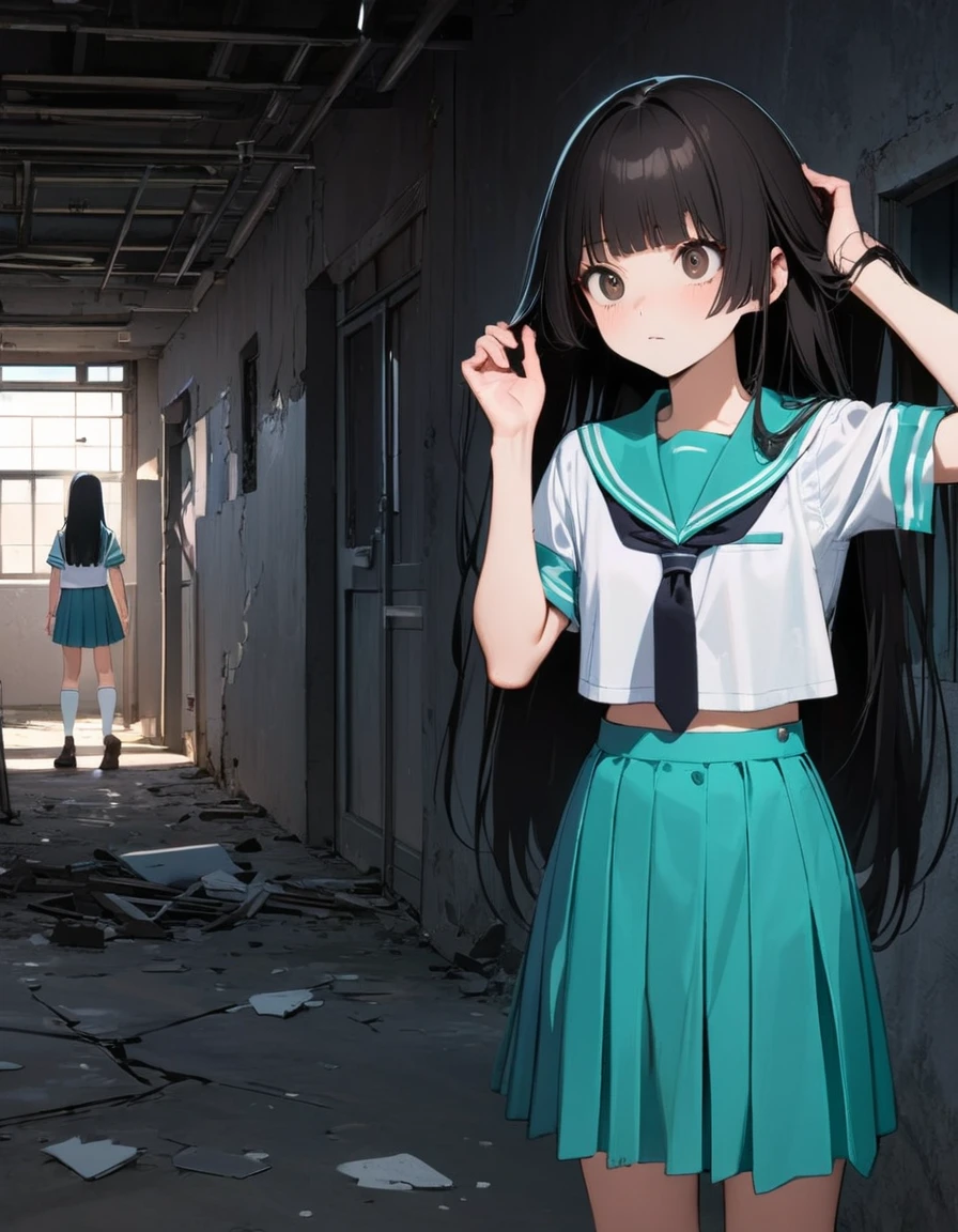 (8k, best quality, master piece: 1.2),super high resolution,1 girl,独奏,15yo,ultra-detailed face,detailed eyes,brown eyes,very long hair,glossy black hair,Hime cut,straight hair,(Use both hands to spread your hair from the inside out),sailor suit,aqua collar, white shirts, short sleeve, school,aqua skirt,black ribbon tie,White knee-high socks,Tea loafers,Are standing,rim light,Broken Window,Abandoned hospital corridor