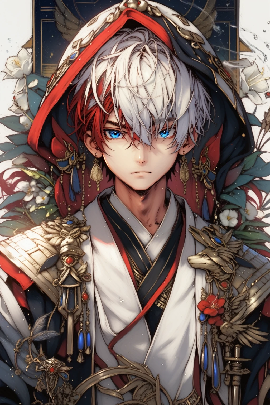 absurdities, High resolution, ultra detailed, HdR, masterpiece, Extremely detailed face and eyes, Red hair, disheveled, bushy eyebrows, White skin, serious, expressive blue eyes, detailed eyes, LOOKING AT THE SPECTATOR, 1 man, 30 year old man, elegant, magical clothes with golden details, masculine, sorcery clothing, coffee tones clothing, egyptian theme, Complete plan