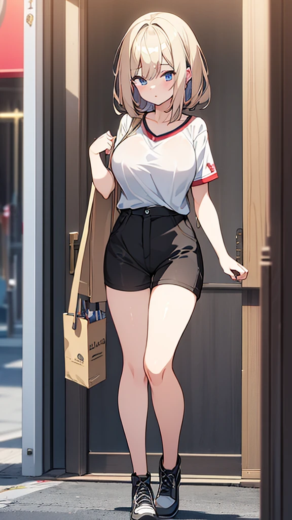 Full body image, front, One girl, 18-year-old, Mix 4, (32K, RAW Photos, Highest quality, masterpiece:1.2), (Anime-like, photoAnime-like:1.37), cute, カジュアルウェア, Short sleeve T-shirt,Shorts,Black knee socks, night, rain, Humidity, Professional Lighting, Photon Mapping, Radio City, Physically Based Rendering, Super Resolution, (Big Breasts:1.2), {{The biological weapon that had preyed on the younger sister took her place and reunited with the older brother, The rebellious  sister has become the obedient little sister}}, Girl Skull, whole body, NSFW