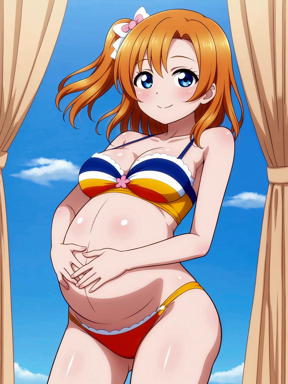 Masterpiece,best quality,Kousaka honoka, blue eyes, orange hair, looking_at_viewer, cowboy shot, in room , summer dress, (pregnant:0.6), hands on stomach, perfect shadow, beautiful,cozy , standing 