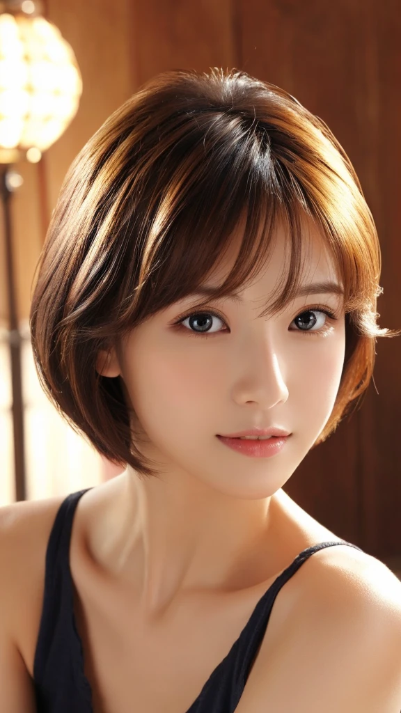 masterpiece、highest quality、High resolution、table top、wallpaper、realistic、bright lighting、professional lighting、face light、smooth lighting、japanese woman、adult、Beautiful woman、action、gravure、y、poor、super beautiful、beautiful skin、beautiful and detailed eyes、detailed face、slim、Moderately、short hair、brunette colored hair、brown eyes、look at the camera、Let's play the ukulele、
