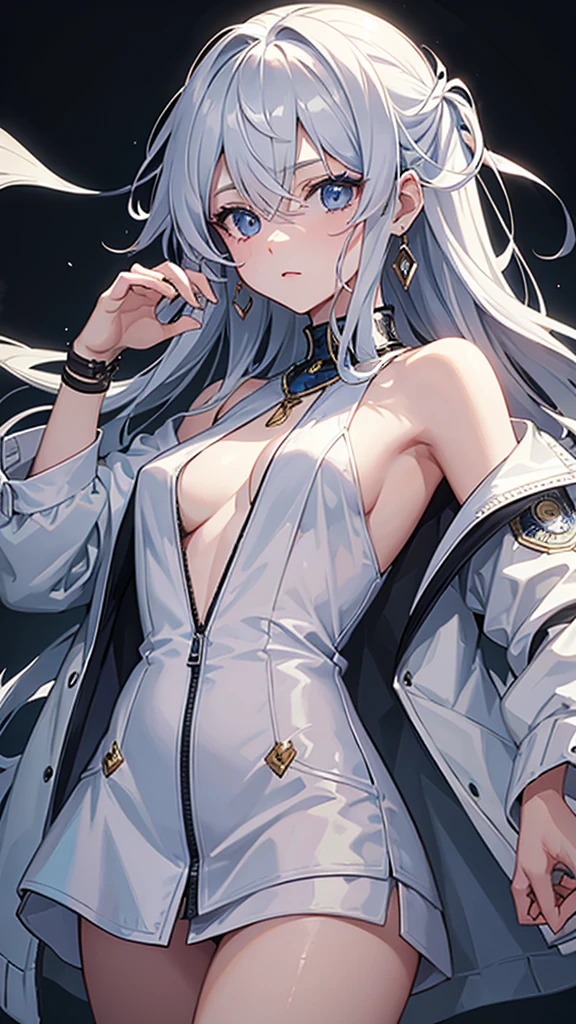 masterpiece, High resolution, Screenshot, Best Quality, 1 girl, (scar on left eye), short white jacket, Very detailed, rule of thirds, jewelry, by the wide, hits, hair between the eyes