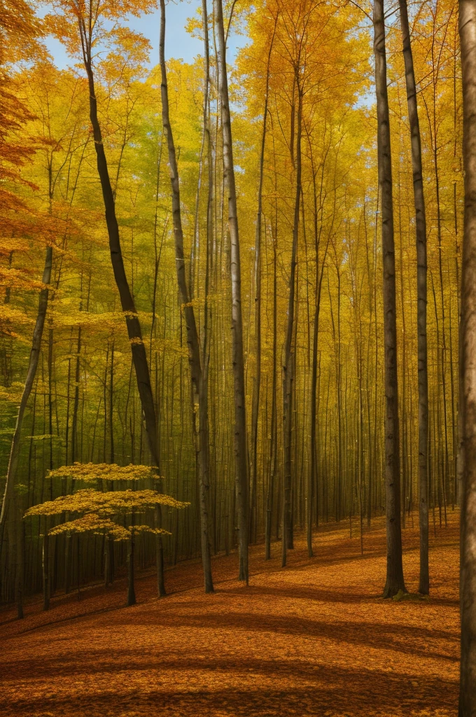 Create an abstract oil painting of a forest in autumn. Use a rich palette of warm autumn colors such as deep reds, vibrant oranges, golden yellows, and hints of earthy browns and greens. Incorporate bold, sweeping brushstrokes and layered textures to evoke the feeling of leaves falling and the crispness of the autumn air. The composition should suggest the forms of trees and foliage without being too literal, allowing the viewer to feel the essence of the forest through color and movement. Aim for a harmonious blend of colors and shapes that captures the beauty and serenity of an autumn forest
