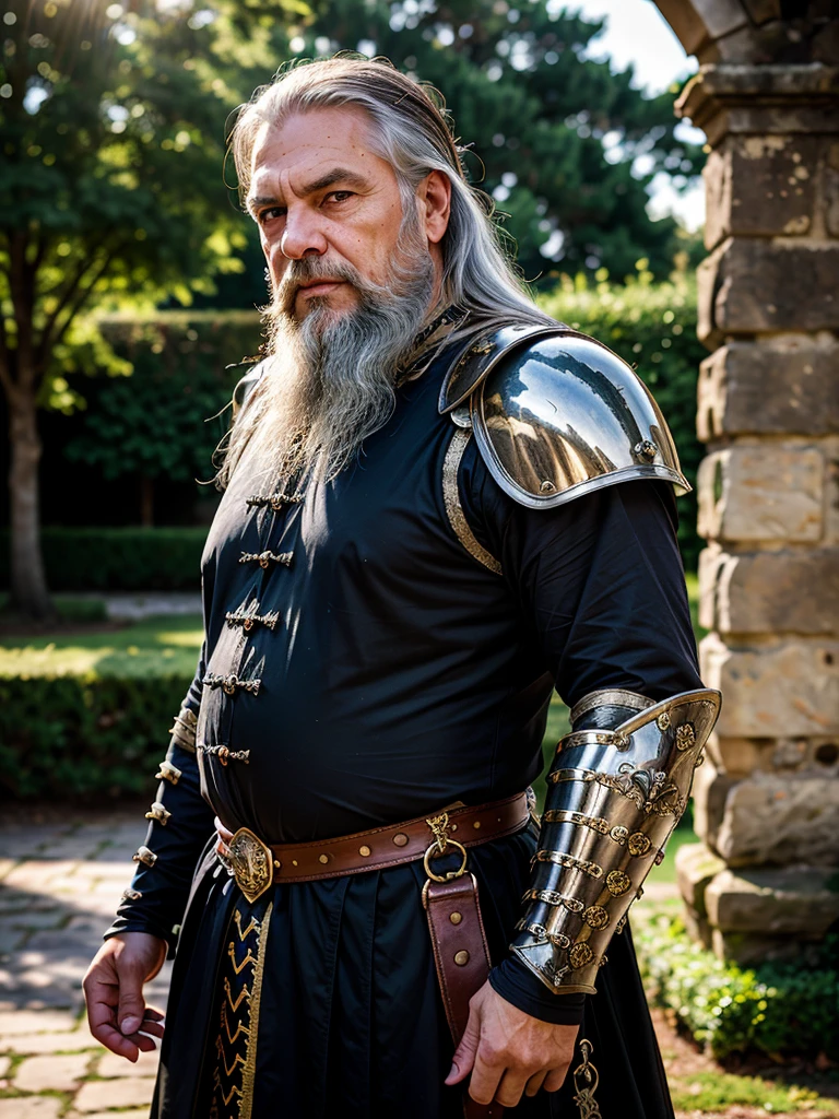 Front view, Photo in the Gothic style, Ancient warrior, long gray beard, Ancient armor, warlike pose, looking at the viewer, Gothic lighting, depth of field, bokeh, (against the background of an old castle),