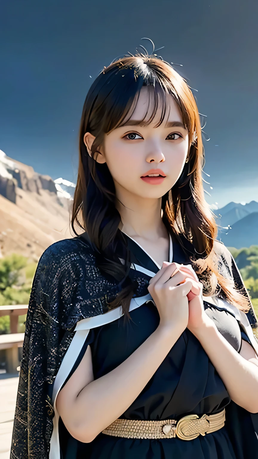 (Skin Dentition:1.5), Realistic, Realistic, (masterpiece:1.5), Concept Art, 1girl、((Cowboy Shot:1.4))、((Girl walking in mountainous areas:1.4))、((Magician Costume:1.4))、((Rowan Stick:1.6))、((A girl wearing a tricorn hat used by magicians:1.4))、((Mountain range in the background:1.4))、((18-year-old girl:1.4))、((A girl emitting intense light from her hands:1.4))、Intricate details, Very detailed, Realistic, Octane Rendering, 8k, Unreal Engine, Dynamic pose, Highest quality, High resolution, (Realistic Face:1.1), (Super realistic:1.1), Perfect Eyes,(Glowing Skin:1.2), (((Hairstyle))), (((Perfect hands))), (Very detailed background), ((A sad expression:1.4))、((Dynamic Background)), ((1 Girl)), Wearing a cape, (((Flowing Cape))), ((Detailed eyes, High quality eyes, High quality face)), (Very complicated robe, magical robes), Long Hair, casting 煙, magic, ((dramatic)), amazing, battlefield, Depth of written boundary, bokeh, 4K, Gothic, human, particle、((Rowan Stick:1.6))、((A girl wearing a tricorn hat used by magicians:1.4))、