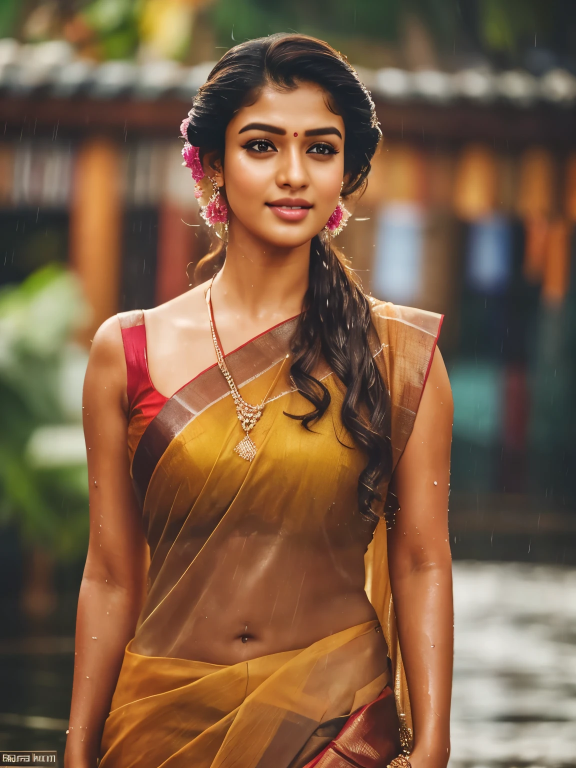 20 years old extremely beautiful brown Tamil girl (transparent saree sleeveless blouse petticoat), standing facing the camera, enjoying herself in the rain, drenched in rain, looking at viewer, eyes symmetry, (best quality, ultra-detailed:1.6), colorful scene, bright color palette, playful atmosphere, vibrant expressions, transparent saree with intricate patterns, flying saree fabric, raindrop reflections, wet hair, wet clothes, wet body, body reflecting light, back lit, refreshing ambiance, splashing water, raindrops falling around her, natural lighting, candid moments captured, lively mood, (detailed beautiful face & eyes & ears & nose & lips & textured skin & curves & body parts & anatomy), HDR, hyper realistic