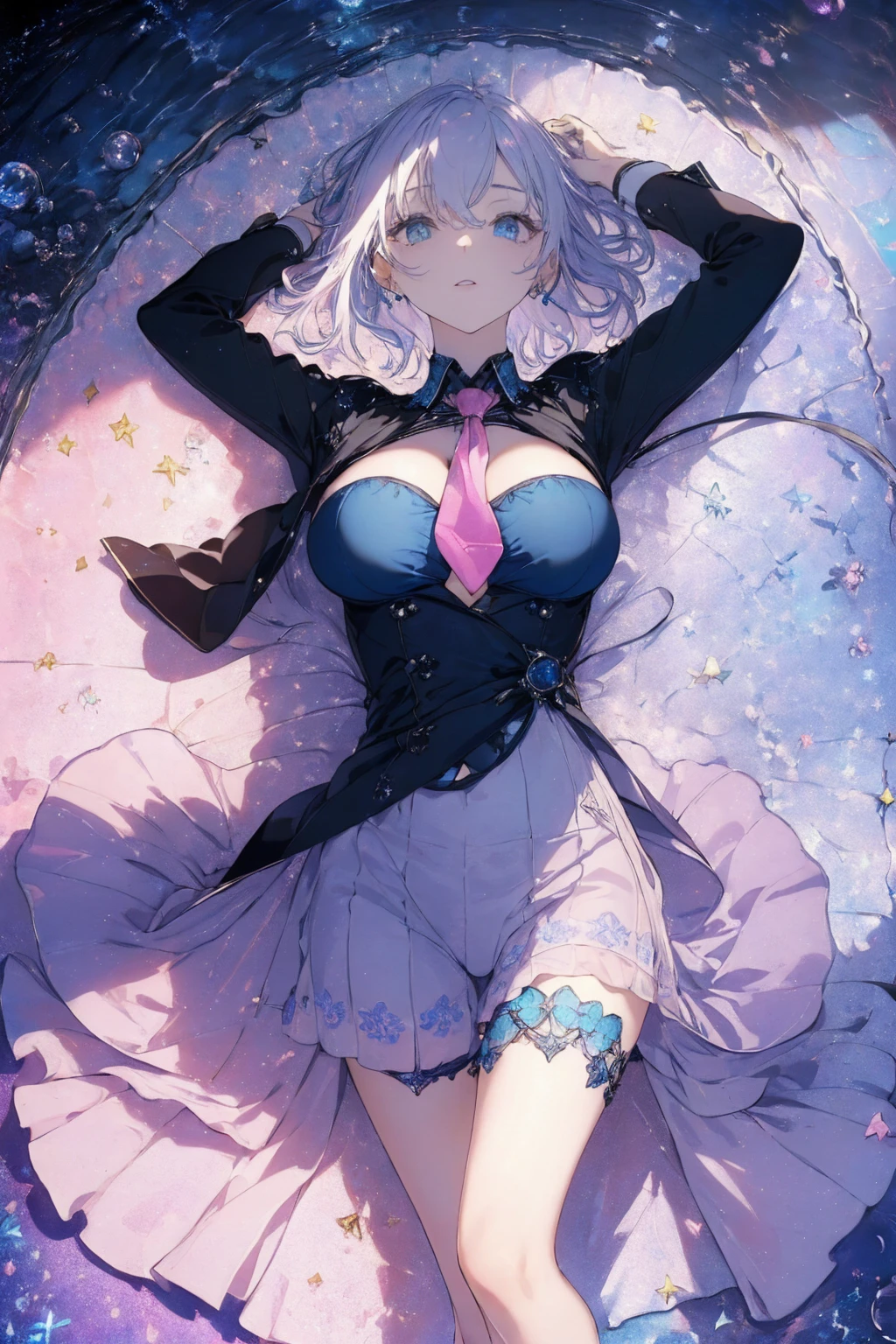 (summer clothing photo:1.1, in blue waterfront:1.5), Masterpiece, best quality, (very detailed CG unity 8k wallpaper), (best quality), High definition RAW color art, Animation,sculptures, (black Marble Skin), (((Ultra detailed elegant))), Magical atmosphere, Detailed skin, Texture,(Intricately detailed, Fine detail, ultra-detail art), depth of fields, bokeh, Silky Touch, Hyper Detail, beautiful eyes, Elegant Face, (lying on pink glass floor), sparkle background, enormous breast:1.3, (silver hair), pastel purple, embarrassing face, short hair, necktie