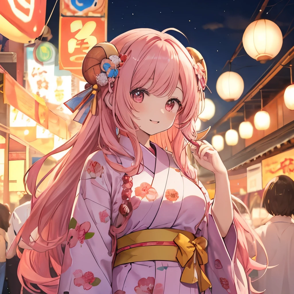An anime-style illustration of ‘Fua-chan’ enjoying a festival. Fua-chan has distinctive features: long pink hair styled in soft curls resembling sheep’s horns, and pink eyes. She is depicted wearing a colorful yukata with festive patterns. She has a joyful and excited expression as she participates in festival activities, such as holding a festival mask or enjoying festival food like takoyaki or cotton candy. The background shows a lively festival scene with lanterns, stalls, and other festival-goers, creating a vibrant and cheerful atmosphere.