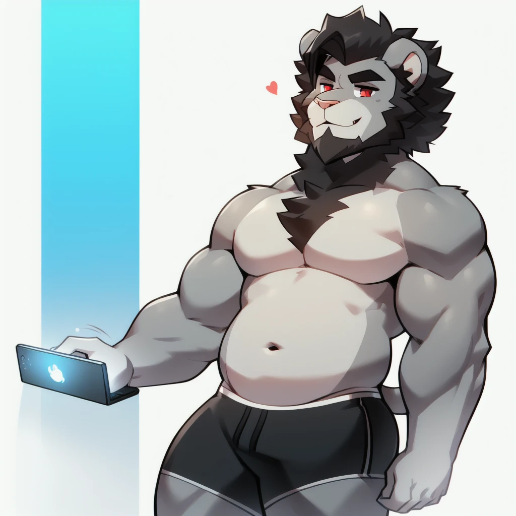 (Masterpiece: 1.2, highest quality), (intricate details), male, 1 guy, Solo, Upper body, Casual, (short hair), lion, (hair, snout), small round lion ears, light pink nose, crooked mouth, smiling, detailed face, (large cartoon eyes, perfectly circular eyes), red pupils, detailed fluffy fur, (((short super straight swept-back hair, short jagged pointy hair, short slicked back hair, extremely short beard, curly beard, puffy frizzy goatee, widows peak))), ((((short hair tied low, scruffy side-locks, lovelocks under ears)))), relaxed body, digital art, natural lighting, sweaty, (((soft muscular arms, soft perfectly-round chubby torso, soft body, tall pecs, very tall pectoral region, very short abdominal region, perfectly round chest, wide body, extra short stocky build, shortstack male body))), white stomach, beard, ((short dark grey hair, short dark hair, thick jagged eyebrows, light grey body, gray body)), pale underbelly, white counter-shaded torso and mouth, throbbing, (((white background))), (black faded ashen boxerbriefs, monochrome black trunks), pastel light blue towel on his shoulder, red phone, lion tail, (navel toward the bottom, vertical bellybutton)