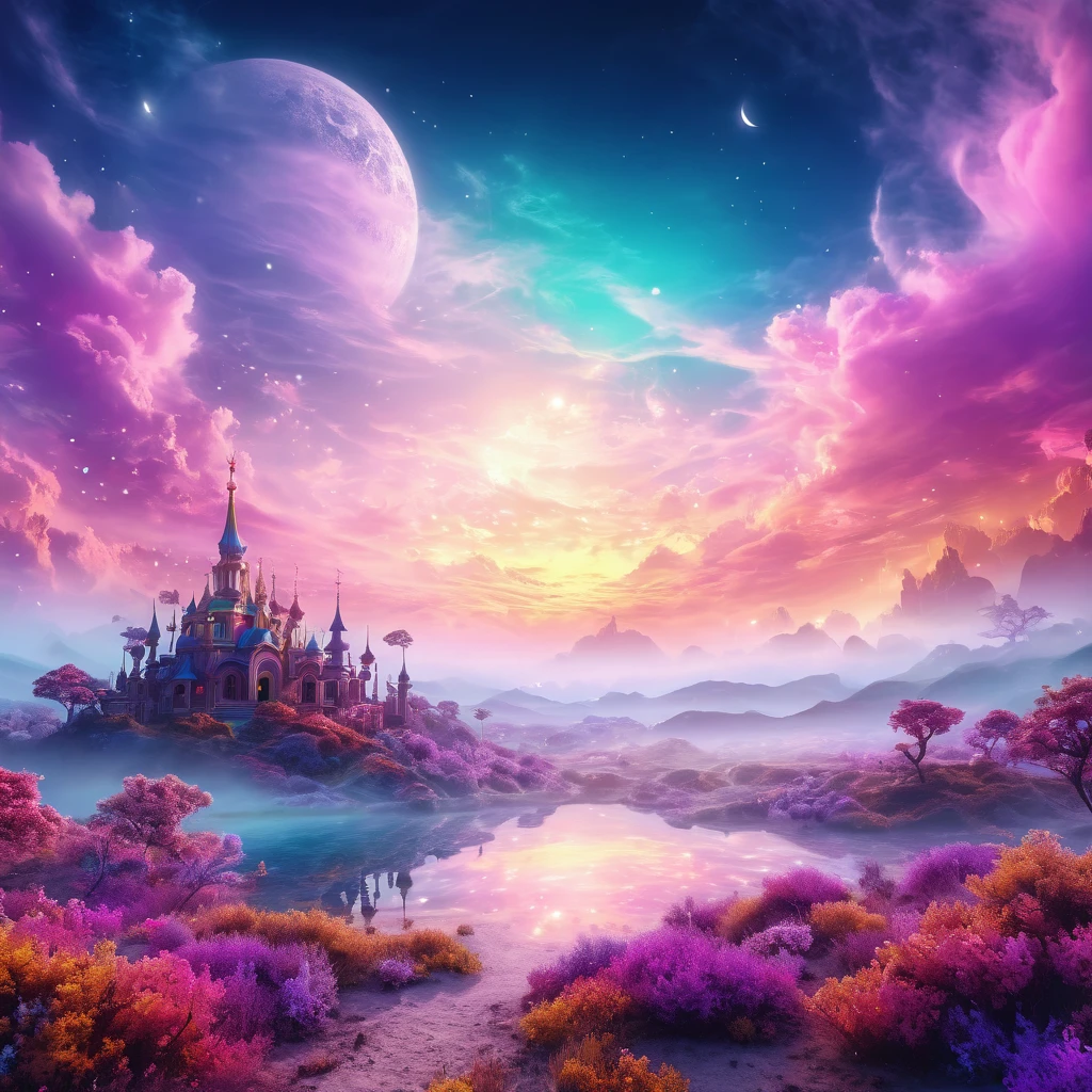 A fantasy landscape, ethereal mirage, eternal search for love, sweet dreams, 4k, high quality, intricate details, glowing lights, vibrant colors, dreamlike atmosphere, shimmering haze, wispy clouds, magical realism, surreal elements, soft focus, romantic mood, delicate textures, mesmerizing visuals, cinematic lighting, impressionistic style, whimsical composition, emotional resonance