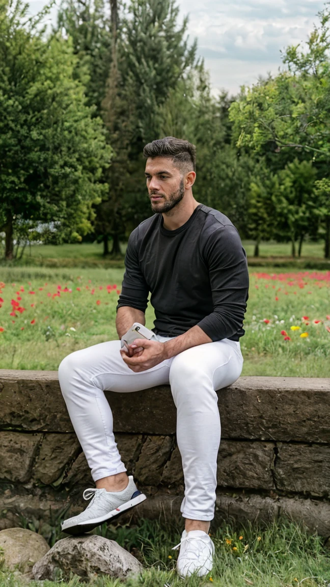 Real image of an athletic 30 year old Turkish model man with short beard and short black hair wearing a black sweatshirt and white pants, sitting on a stone in a field of few trees surrounded by flowers, cloudy day. 4k HD real image, High Definition, remove cgi, eliminar 3d. natural and realistic skin. Photorealistic style. full body angle. ultra real image. sharp and true focus.