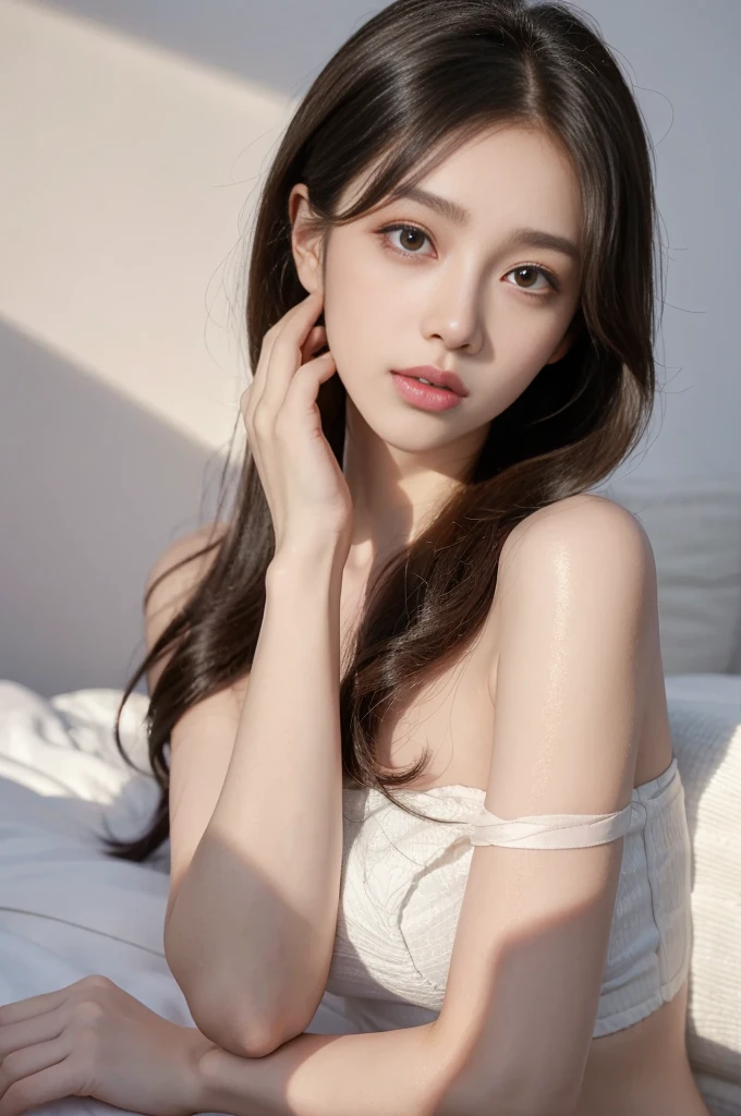 (high details:1.4)、(surrealism:1.4)、(soft lighting:1.05)、32,000、1 woman、realistic lighting、face lighting、ray tracing、(brightened light:1.2)、(improve quality:1.4)、(Realistic textured skin of the highest quality:1.4)、original photo, lifelike, full body woman love, bed, soggy, big bust, stylish hairstyle, pale skin, black eye, pink lips, (Beloved), (:1.1), ~Through, detailed background, detailed face, delicate eyes, good hair, Anatomically correct body, elastic skin, make up, masterpiece