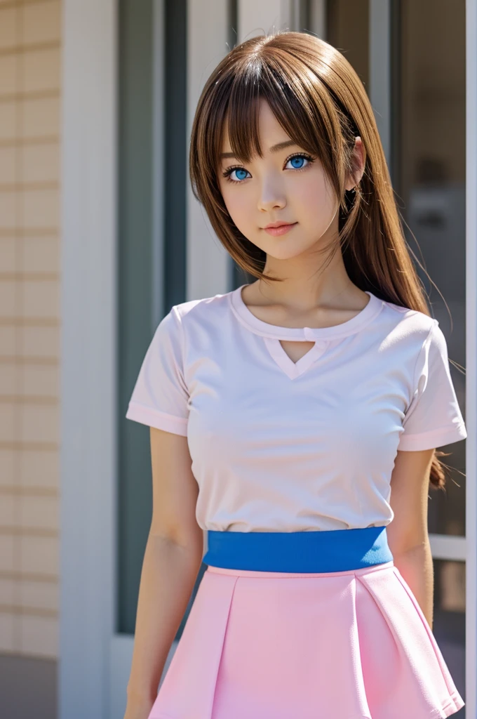 An anime girl with blue eyes looking at viewer wearing a pink mini skirt 