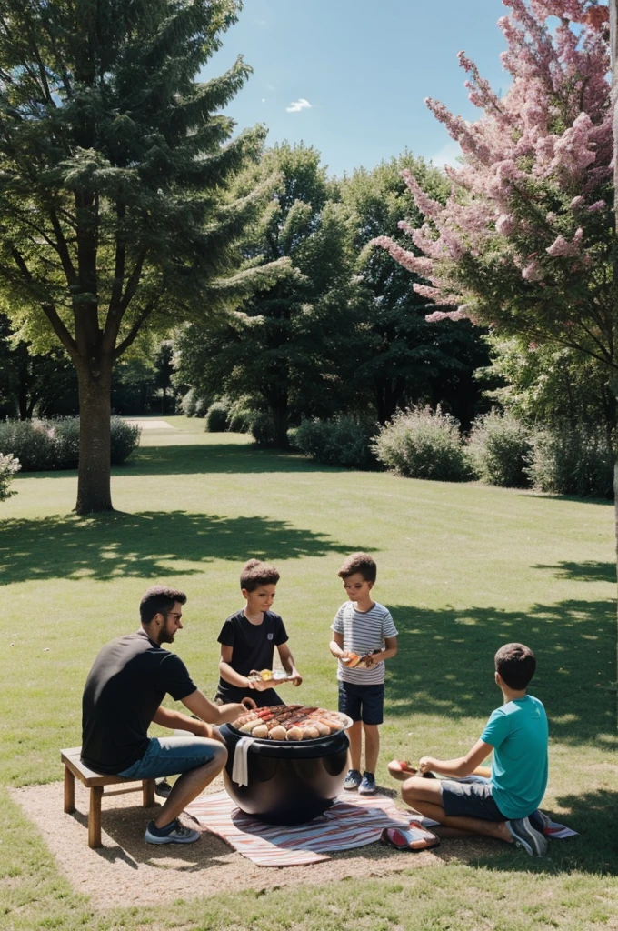 Structure gonflable, parc avec famille faisant un barbecue 