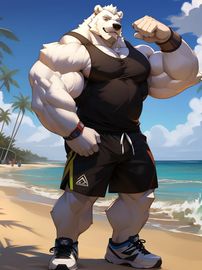 huge muscular polar bear in L.A. beach, big smile, polar bear, huge white fur, thick arm, huge arm, bearded. white hair and beard, bearded, (muscular, pectoral, wide pectoral, thick arms), beach, palm, realistic, 8k, masterpiece, (wearing black shorts, wristband, watch and white tank top, sports shoes) shows his pumped pecs