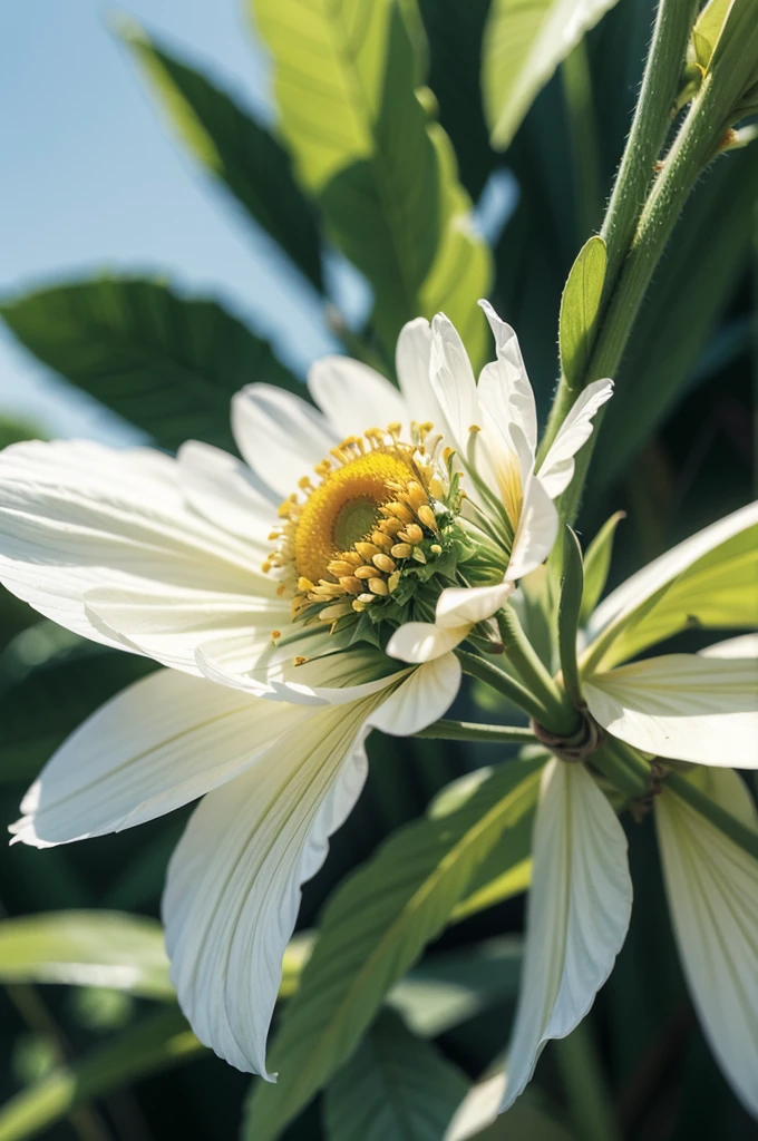 A majestic honeybee perches delicately on a vibrant yellow and white flower, its translucent wings glistening in the warm sunlight that casts a gentle glow on the petals. The bee's furry body blends seamlessly with the surrounding foliage as it collects nectar from the flower's center. The 8K resolution captures every intricate detail of the natural scene, from the delicate pollen grains to the soft focus of the blurred background.