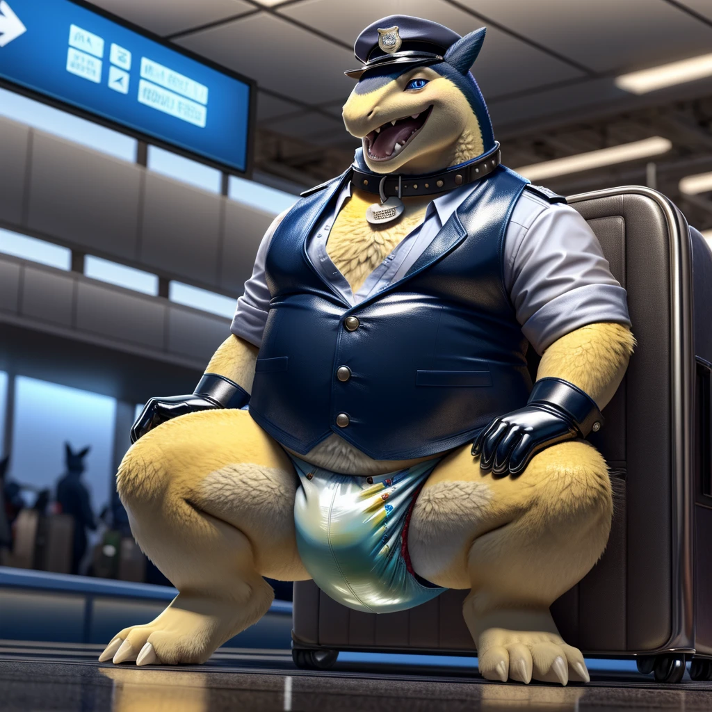 Solo, Male, fat, squatting, extremely obese, gentleman, dapper Typhlosion, pooping in diaper, blue eyes, (soft shading), 4k, hi res, ((detailed face, detailed)), looking at viewer, evil grin, Airport, TSA, TSA Uniform, collared shirt with buttons, hat, male focus, Police Uniform, glasses, monocle, vest with buttons, sleeves rolled up, round eyewear, headwear, vest, Typhlosion is wearing a glossy leather dog collar around the neck, Typhlosion is wearing the leather collar and shirt and vest at the same time, Typhlosion is wearing glossy white rubber gloves on the hands, wearing white rubber gloves on the feet, gloves are rubber in texture, mouth wide open, evil laugh, clenching fists, leather collar is glossy and shiny with a lot of detail, Typhlosion is wearing gloves and leather collar at the same time, leather collar has a round dog-tag, leather collar is thick and detailed, white rubber gloves on the feet, Typhlosion is wearing gloves and leather collar at the same time, leather collar has a round dog-tag, leather collar is thick and detailed, leather collar is glossy and shiny, fancy clothing, dapper vest, dapper shirt, leather collar is thick, glossy leather collar, Typhlosion is wearing a dirty diaper