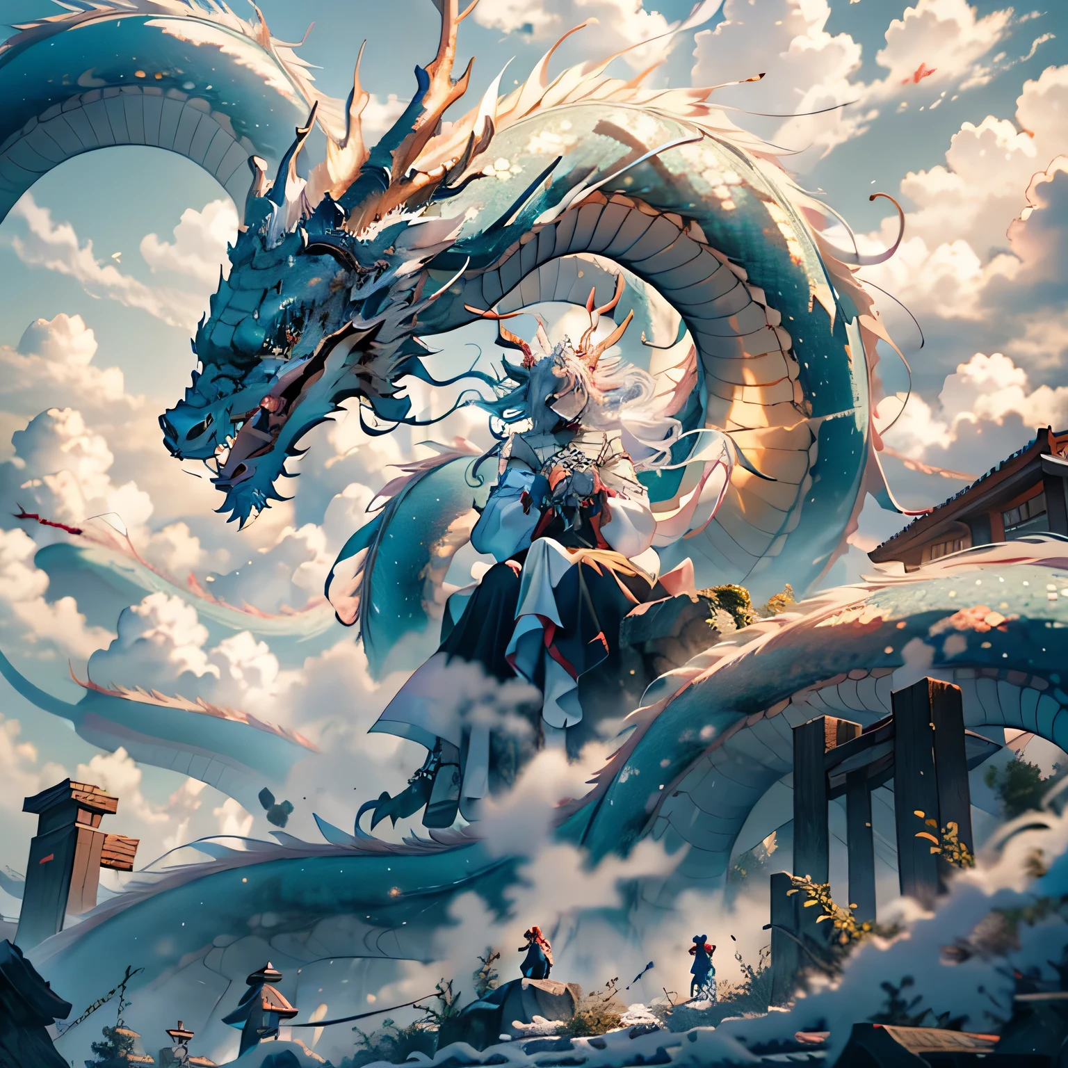The Chinese white divine dragon soared into the air, ((((The girl is sitting on top of the dragon's head, clutching the dragon's horns tightly with both hands)))):1.3 Sky clouds surround the surroundings,Light magic,Fantastic background,Background of meaning,Absurd background,There are artistic overlayulticolored hair, Surrealism, cinematic lighting, ray tracing, god rays, speed lines, pov, UHD, masterpiece, best quality, super detail, highres, high quality