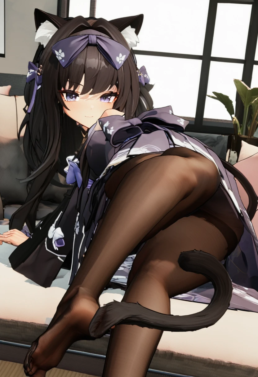 arashio \(azur lane\), japanese clothes, pantyhose, 3d style, sitting on couch, on knees, feet, looking back, bubble butt, window, (visible feet), feet focus, (masterpiece), good proportions, cute face, cat tail