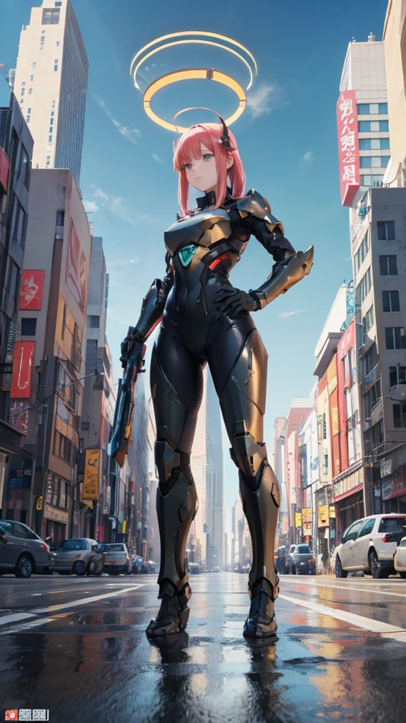 ((Full body photo, standing, feet on the floor)) Nino Nakano,Detailed hands,pose sexy,infinite spartan halo armor,destroyed city