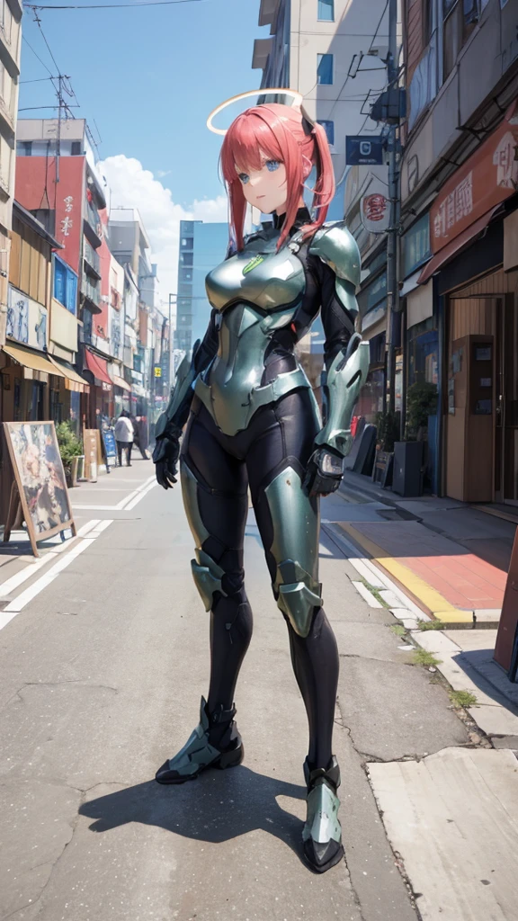 ((Full body photo, standing, feet on the floor)) Nino Nakano,Detailed hands,pose sexy,infinite spartan halo armor,destroyed city