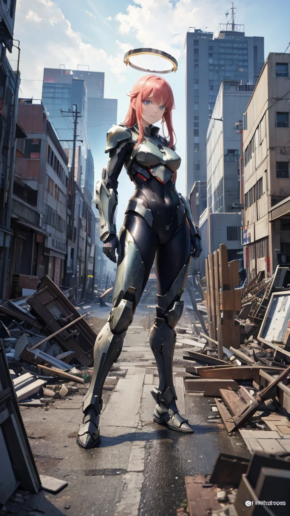 ((Full body photo, standing, feet on the floor)) Nino Nakano,Detailed hands,pose sexy,infinite spartan halo armor,destroyed city