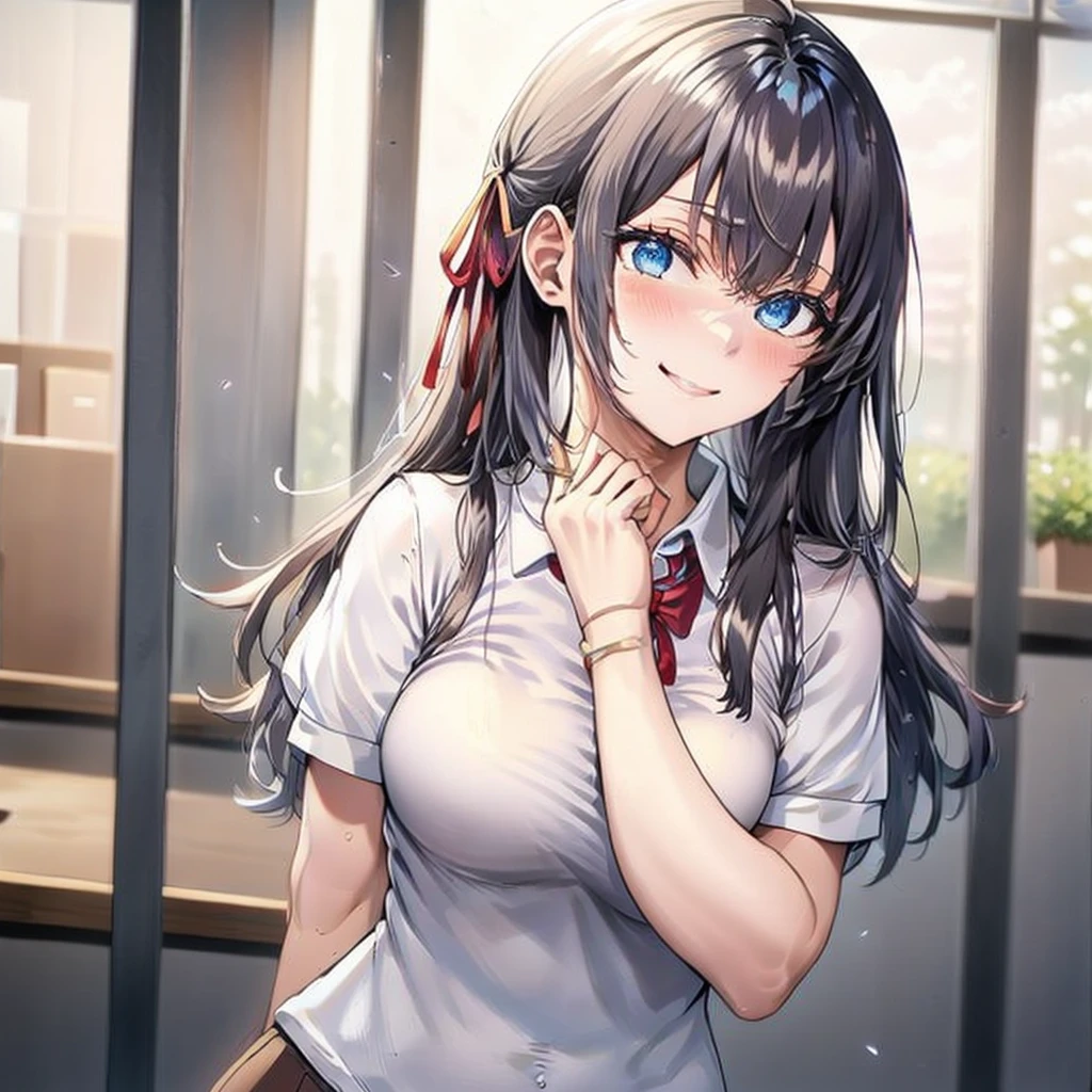 front face,front view,cowboy shot,top-quality,Top image quality,perfect ???????,masterpiece,Ultra-detail,Beautiful、ultra-quality, best quality,high resolution, ultra-detailed,game cg,dutch angle ,beautiful detailed eyes, visualart,five fingers, perfect hands,beautiful girl,
BREAK
mayuzumi_fuyuko_theidolmstershinycolors,black_hair, bangs, long_hair, blush, brown_eyes, blunt_bangs, breasts, two_Side_up, smile, ribbon, medium_breasts,BREAK,(white gym uniform:1.3),(dark blue buruma:1.3),