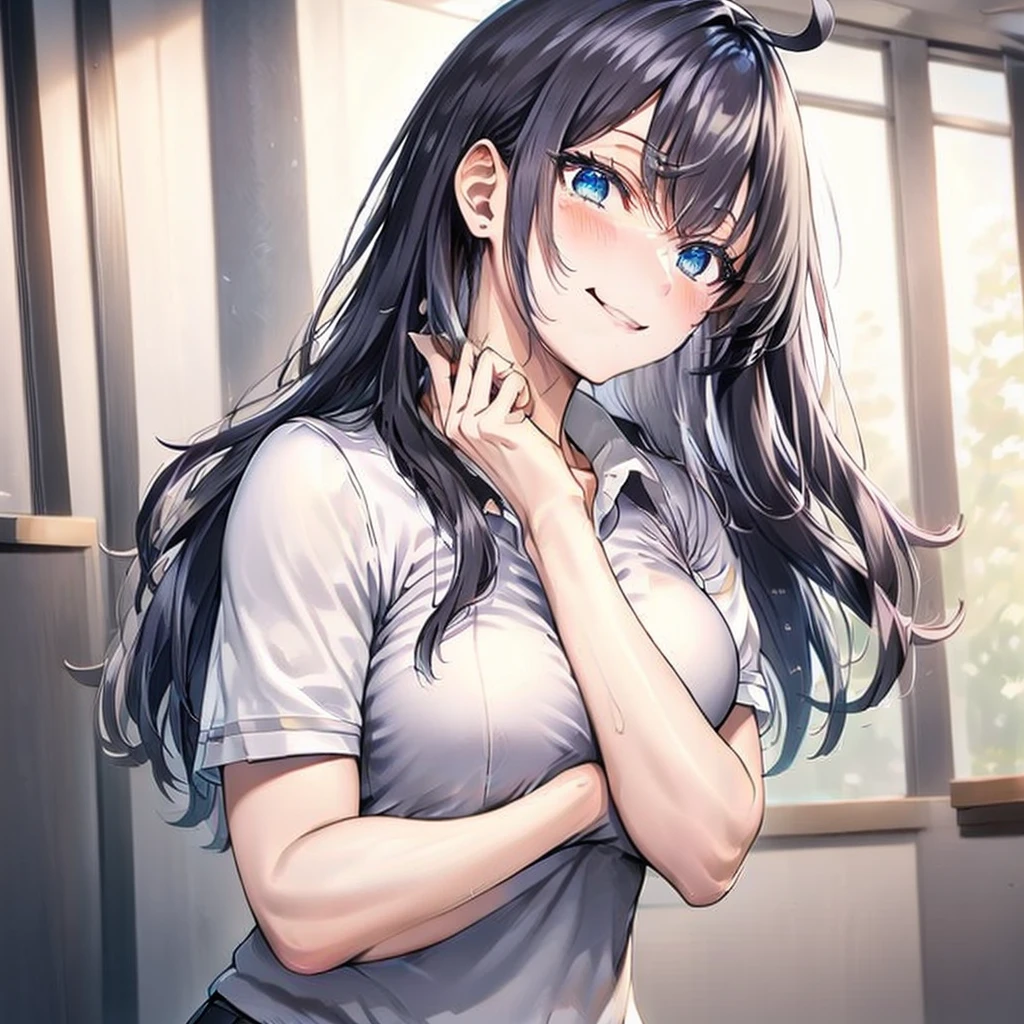 front face,front view,cowboy shot,top-quality,Top image quality,perfect anatomy,masterpiece,Ultra-detail,Beautiful、ultra-quality, best quality,high resolution, ultra-detailed,game cg,dutch angle ,beautiful detailed eyes, visualart,five fingers, perfect hands,beautiful girl,
BREAK
mayuzumi_fuyuko_theidolmstershinycolors,black_hair, bangs, long_hair, blush, brown_eyes, blunt_bangs, breasts, two_Side_up, smile, ribbon, medium_breasts,BREAK,(white gym uniform:1.3),(dark blue buruma:1.3),