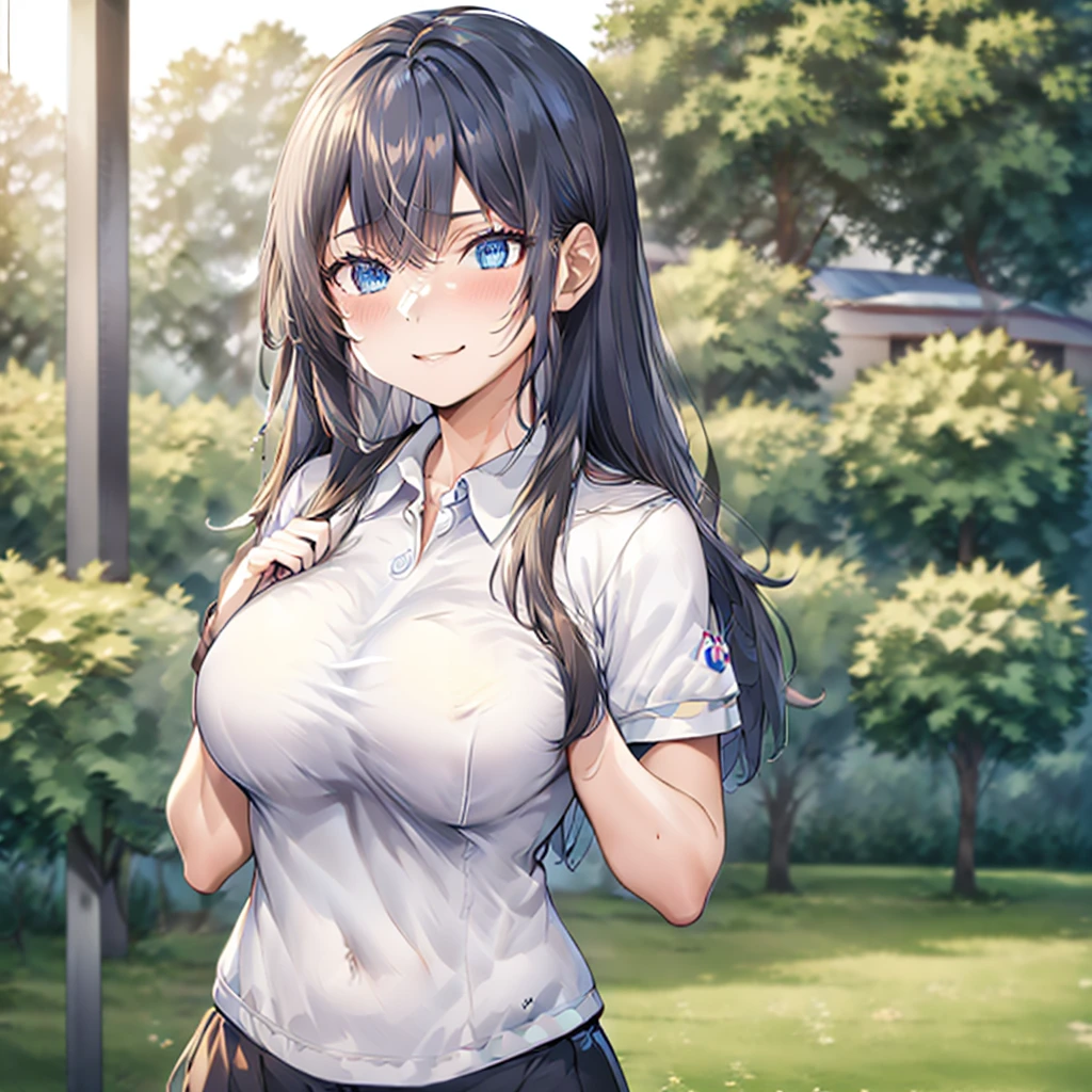 front face,front view,cowboy shot,top-quality,Top image quality,perfect anatomy,masterpiece,Ultra-detail,Beautiful、ultra-quality, best quality,high resolution, ultra-detailed,game cg,dutch angle ,beautiful detailed eyes, visualart,five fingers, perfect hands,beautiful girl,
BREAK
mayuzumi_fuyuko_theidolmstershinycolors,black_hair, bangs, long_hair, blush, brown_eyes, blunt_bangs, breasts, two_Side_up, smile, ribbon, medium_breasts,BREAK,(white gym uniform:1.3),(dark blue buruma:1.3),