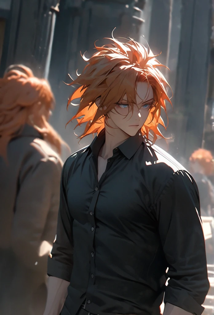 (solo), orange hair, messy hair, mane hair, short hair, dense hair, wild hair, expressive hair, mature,(25 year old), pale skin, blue eyes, ((male)), muscular body, wearing a black dress shirt,, handsome, attractive, eye reflection, depth of field, thunder aura,cinematic lighting, ray tracing, depth of field, cinematic lighting, ray tracing, UHD, high details, best quality, highres, high quality, award winning, super detail, masterpiece, 8k, UHD, high details, best quality, highres, high quality, award winning, super detail, masterpiece, 8k, digital art, anime coloring, full body shot, body shot, good face, perfect face, detailed face, good eyes