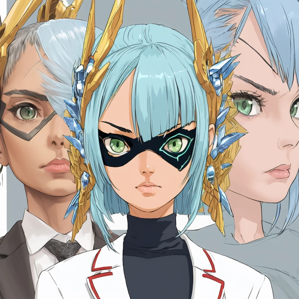 Mikumari \(Xenoblade\)masterpiece, Highest quality, ((1 person)),Blue Hair,Green Eyes,Serious expression, smile,Upper Body,Line art,Medium Hair,White blazer,Black T-shirt,Big Breasts,Bunhead,Black Mask, Expressionless eyes,((Kubo Obito Style)) Detailed face, Face Focus, Are standing, Black Hair,(hair ornaments:1.35),office lady, Sleeves edged with ribbon, Removable sleeves, Ribbon trim, Wide sleeves, (View your audience:1.5) Long Hair, iris, bangs, lips